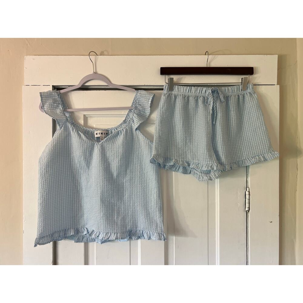 Kikit blue & white gingham pajama set women's small tank top & shorts
